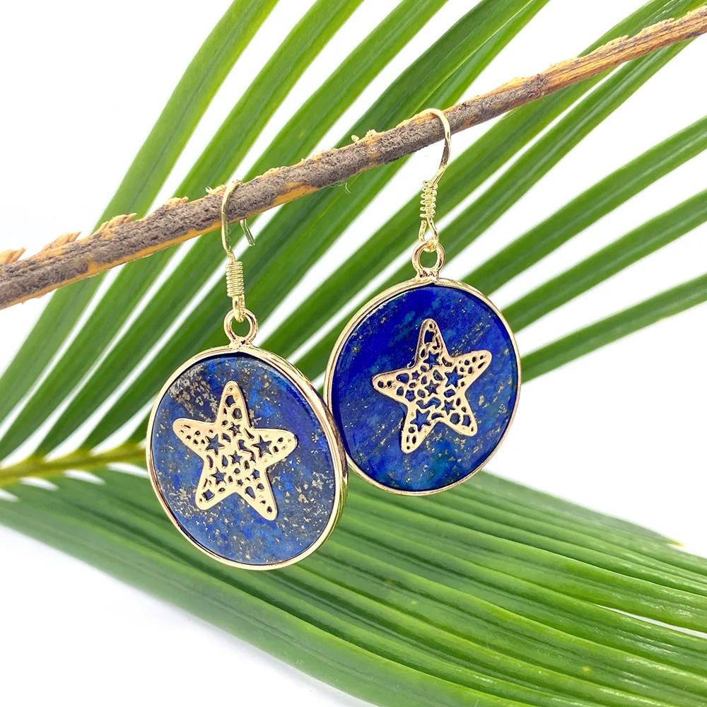 ธรรมชาติรอบ Lapis Lazuli สีฟ้า Hollow Star Tree Of Life Stud ต่างหูสำหรับเครื่องประดับ DIY เครื่องประดับอุปกรณ์เสริม