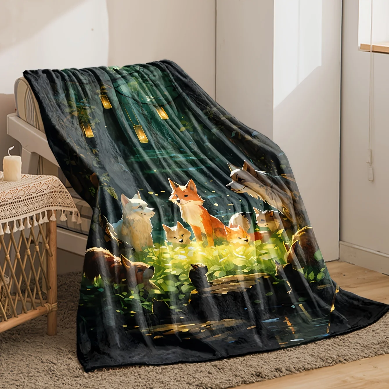 1pc Forest Fox Illustration Print Blanket Flannel Blankets Soft Warm Throw Nap For Couch Sofa Office Bed Camping Travel Gift