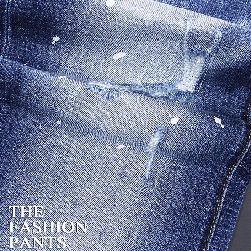 Street Fashion Men Jeans Retro Blue Elastic Stretch Slim Ripped Jeans Men Painted Designer Trousers Vintage Denim Pants Hombre