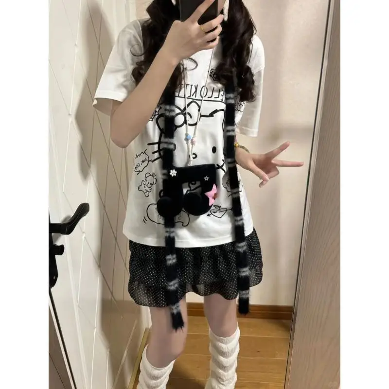 

Хлопковая футболка Kawaii Hello Kitty с короткими рукавами Sanrio, топы большого размера в стиле аниме, летние свободные топы с граффити, милые студенческие девушки