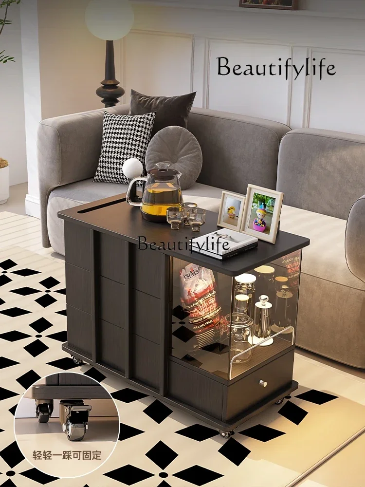 Mobile Tea Table Tea Table Sofa Side Cabinet Tea Cabinet Black Side Table Sideboard Cabinet with Wheels