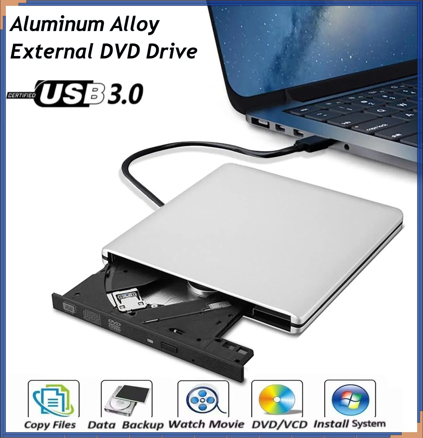 

Ultra-Slim External Optical Drive with CD/DVD Burner, USB 3.0, Aluminum alloy, CD+/-RW DVD+/-RW for Laptop PC
