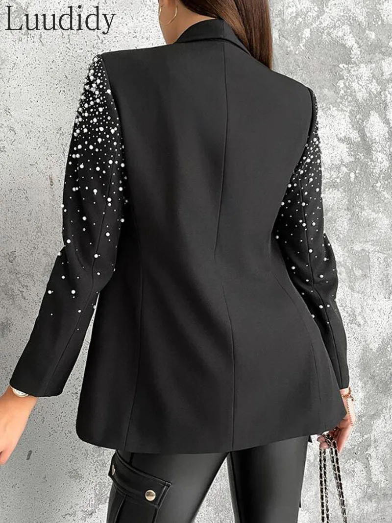 Women Elegant Solid Color Long Sleeve Beaded Shawl Collar Blazer Coat