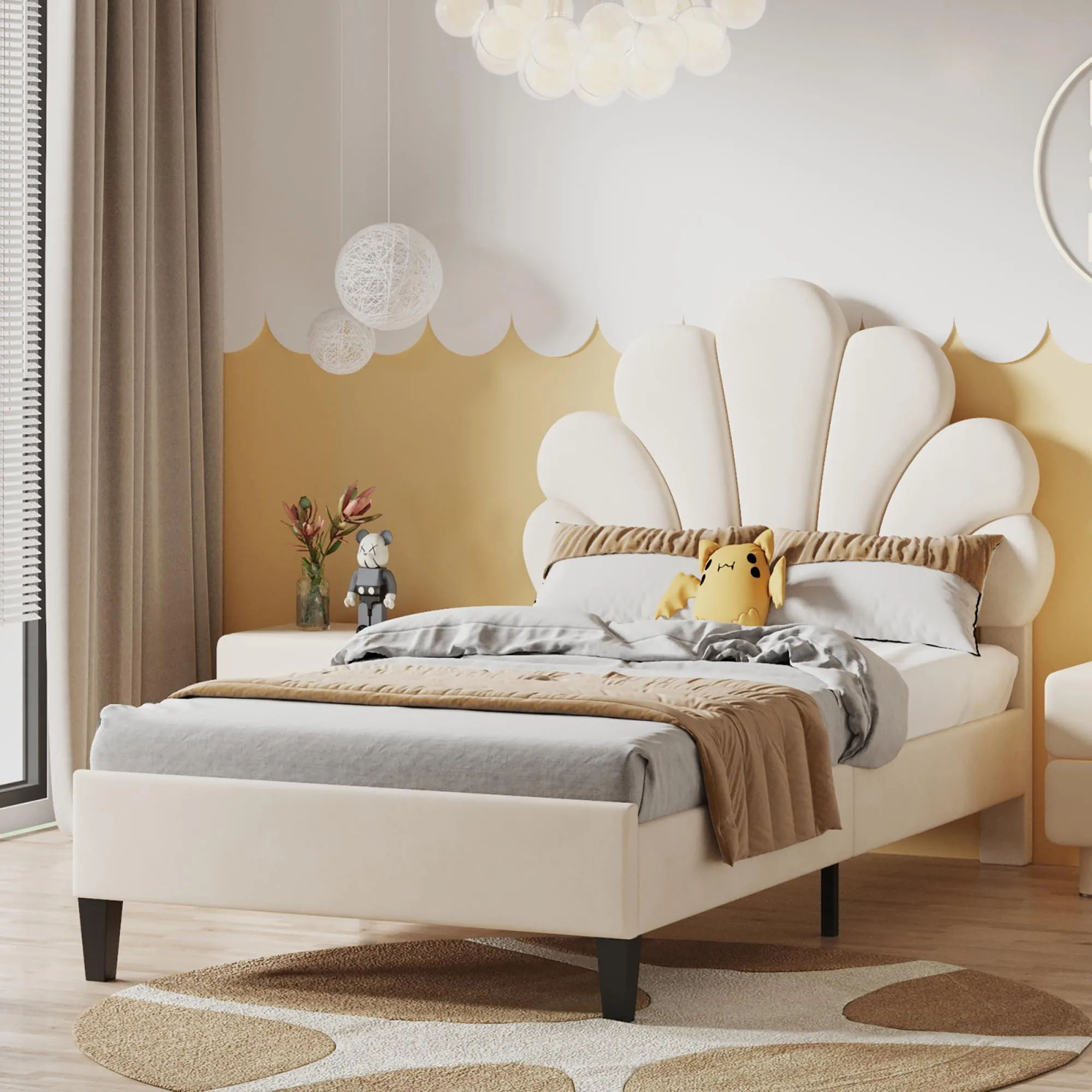 90 x 200 cm Single Bed for Teenagers and Adult , Beige Velvet Fabric with Flower-shaped Headboard and Slatted Frame