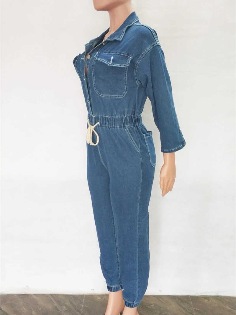 Streetwear Denim Jumpsuits Women Summer Clothes Half Sleeve Button Up Long Rompers Playsuits One Pieces Jeans Pants Outfits