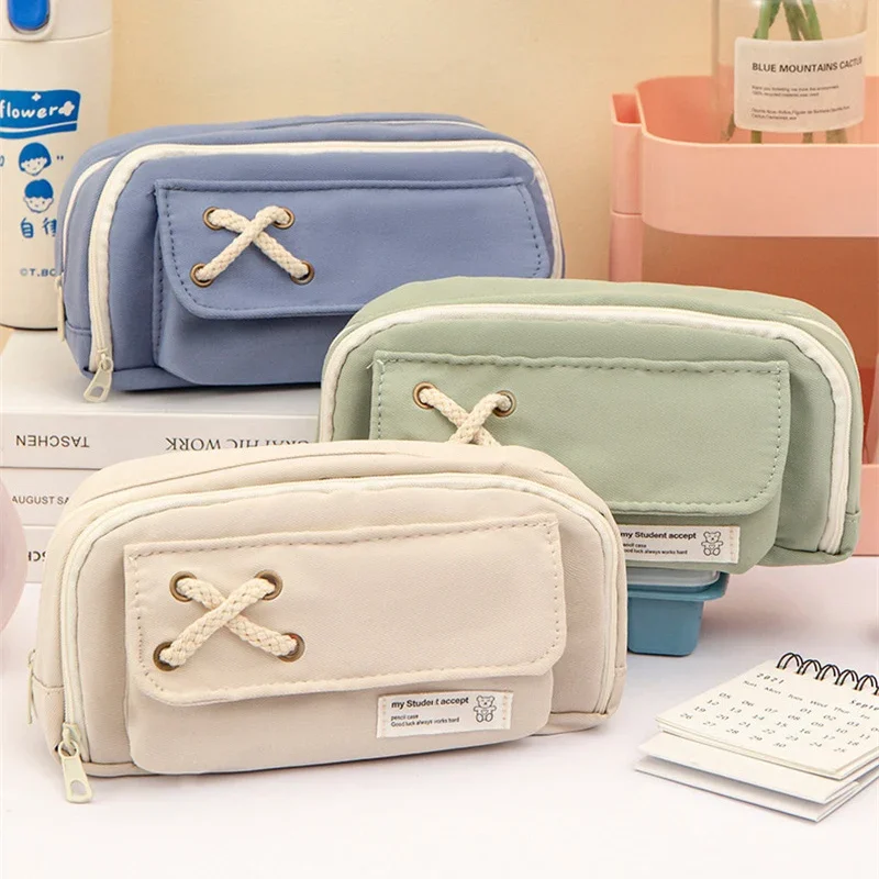 Cute 3-Layered Pencil Case Solid Color Front-Opening Large Capacity Pencil Bags for Boys Girls Students' Stationery Organizer