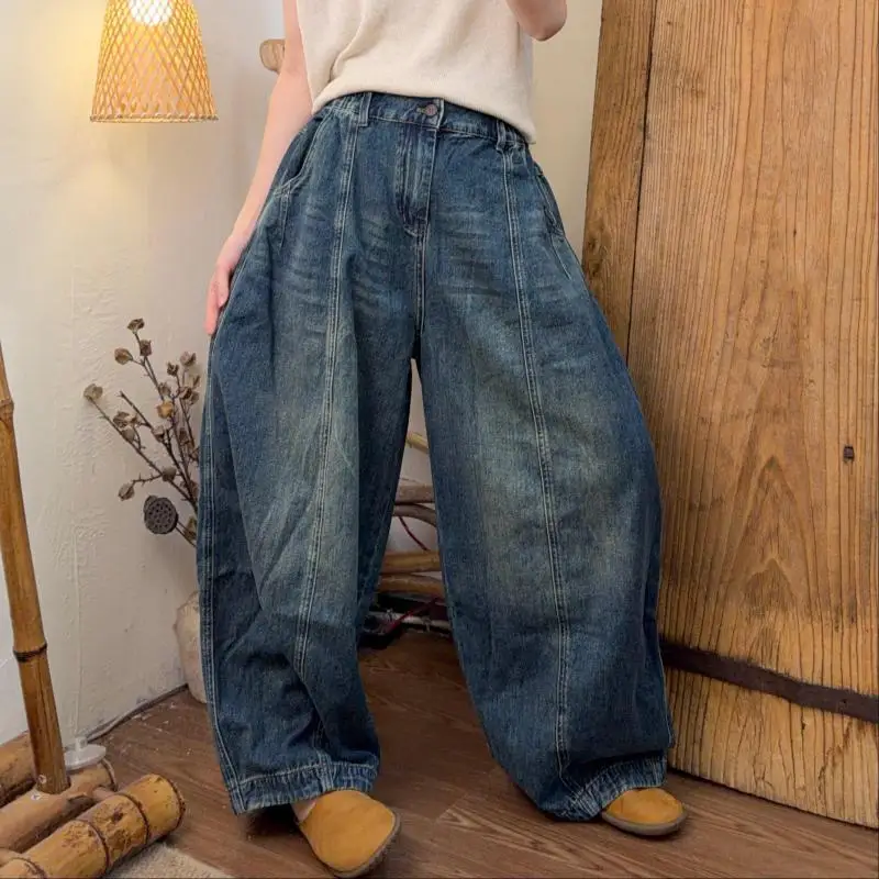 2026 Spring Autumn New Arts Style Women Elastic Waist Vintage Blue Loose Jeans All-matched Casual Cotton Denim Harem Pants