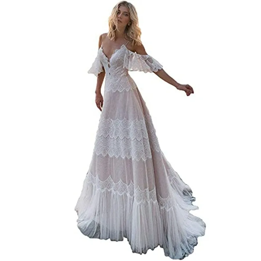 

Women's Wedding Dresses Chic Lace Evening Dresses V Neck Ruffle Sleeves Beachy Boho Outdoorsy Wedding Gowns