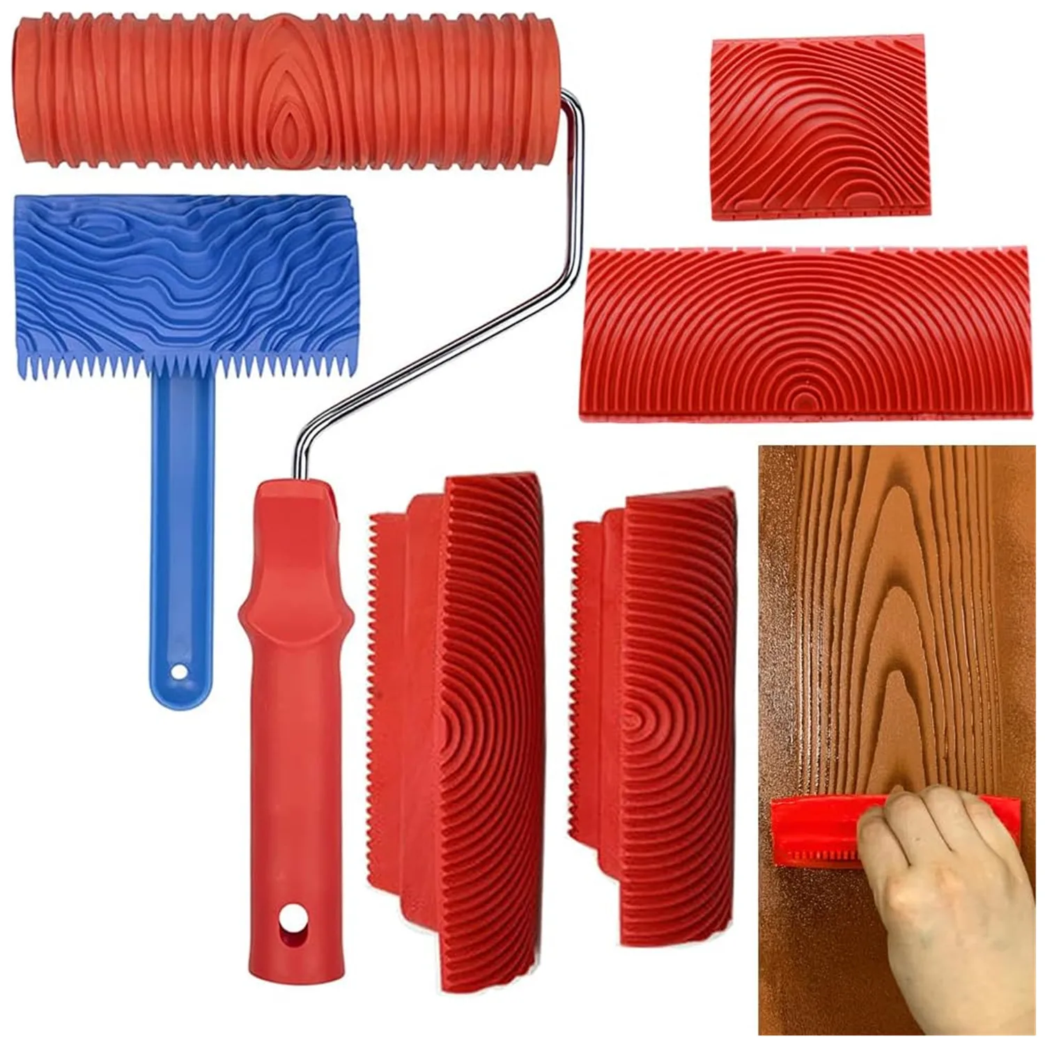 Wood Graining Tool Set Fake Grain Roller Painting with Handle DIY Rubber Tools Paint Like for Wall Room Art Paint Decoration Sup 