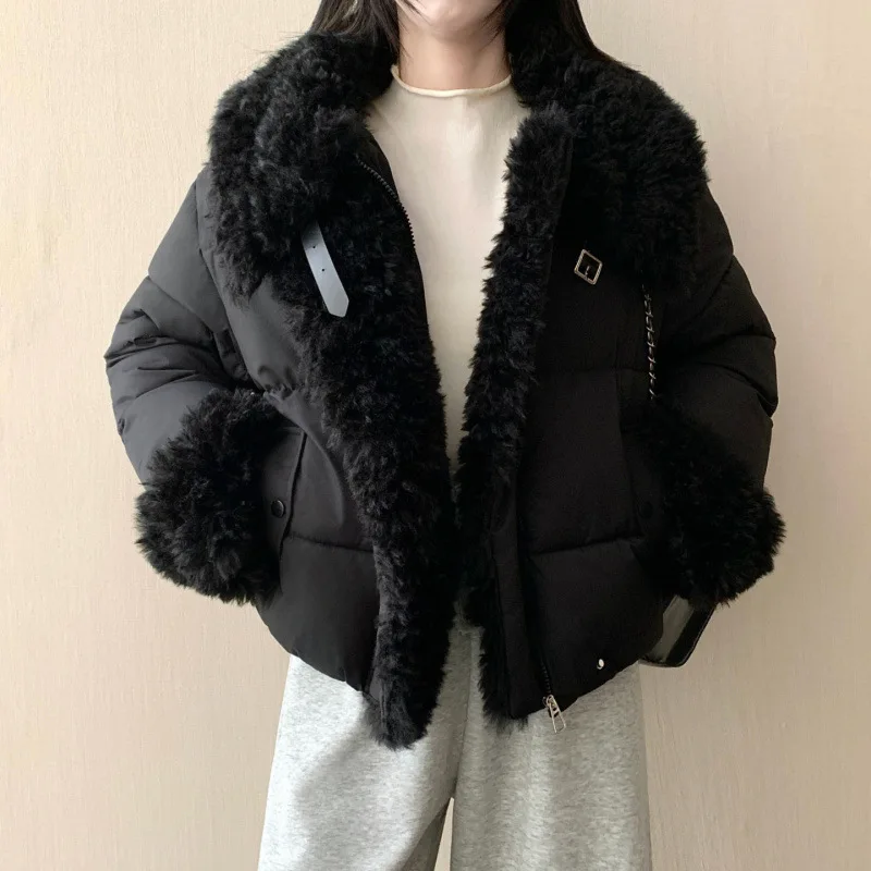 

2026 Fashion Winter New Women's Down Cotton Jacket Splicing Lamb Wool Stand Up Collar Jacket