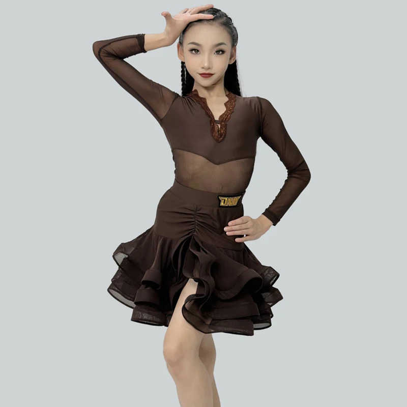 2024 Kid's Latin Dance Performance Costume Girls' V Neck Long Sleeves Tops Skirt Split Suit Samba Dance Practice Wear VBH1098