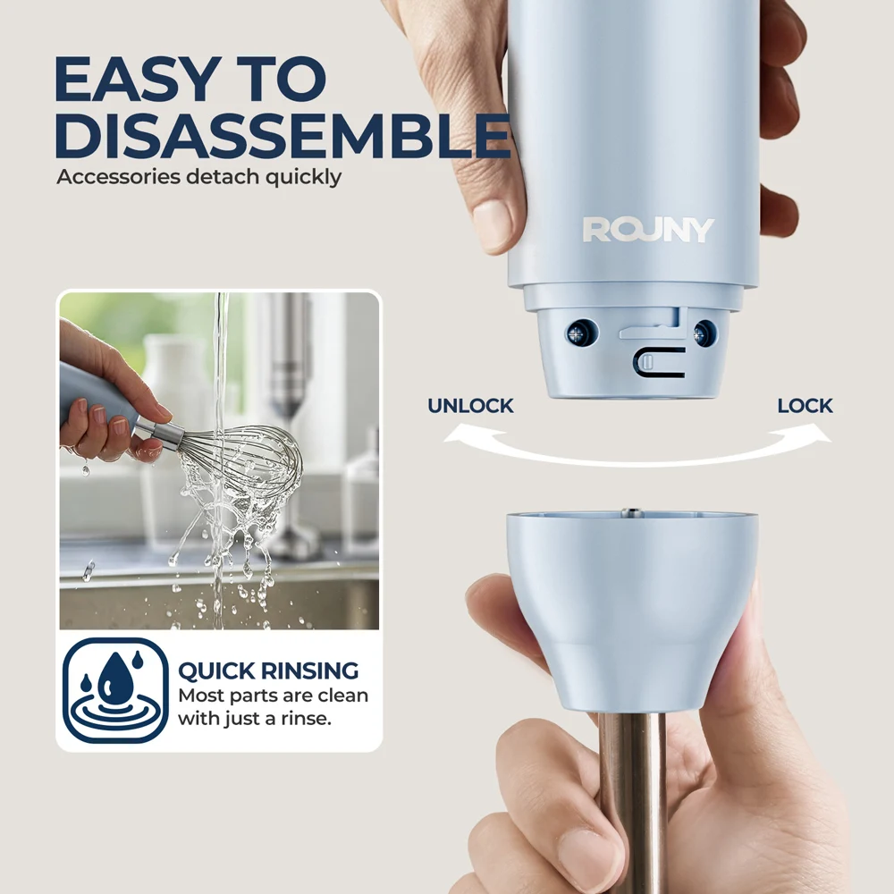 مجموعة خلاطات يدوية 4 في 1، خلاط غمر يدوي مع شفرات من الفولاذ المقاوم للصدأ لخلط طعام المطبخ، أزرق فاتح مبتدئ