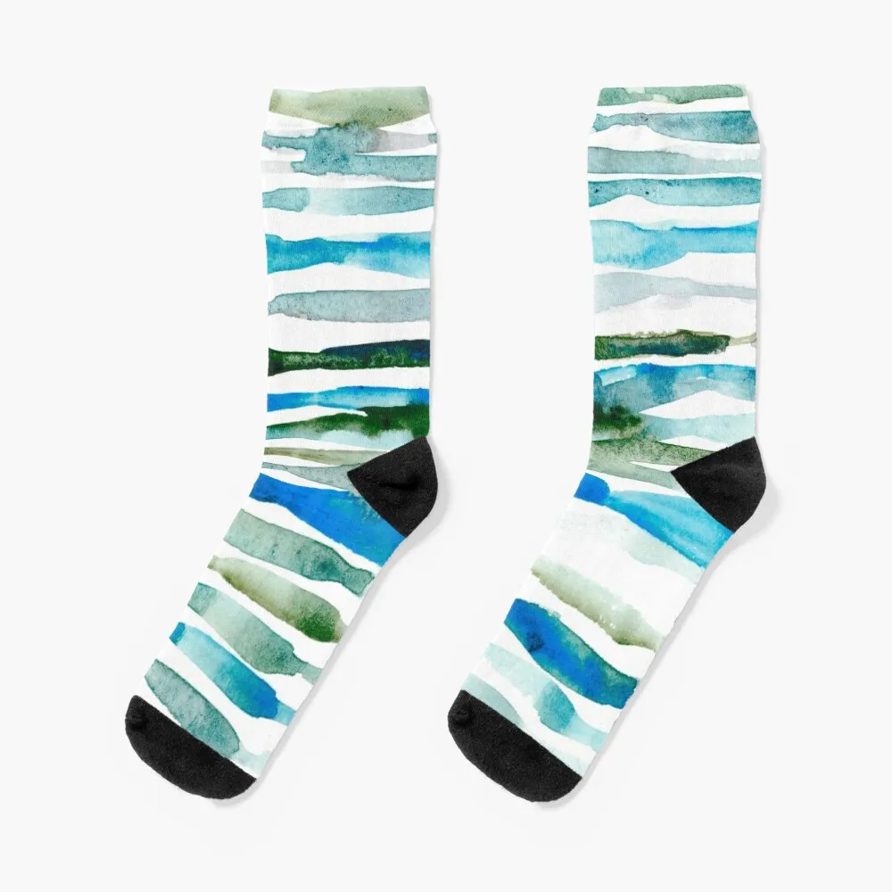 

Blue Green Watercolor Stripes Socks Thermo Socks For Men Luxury Socks