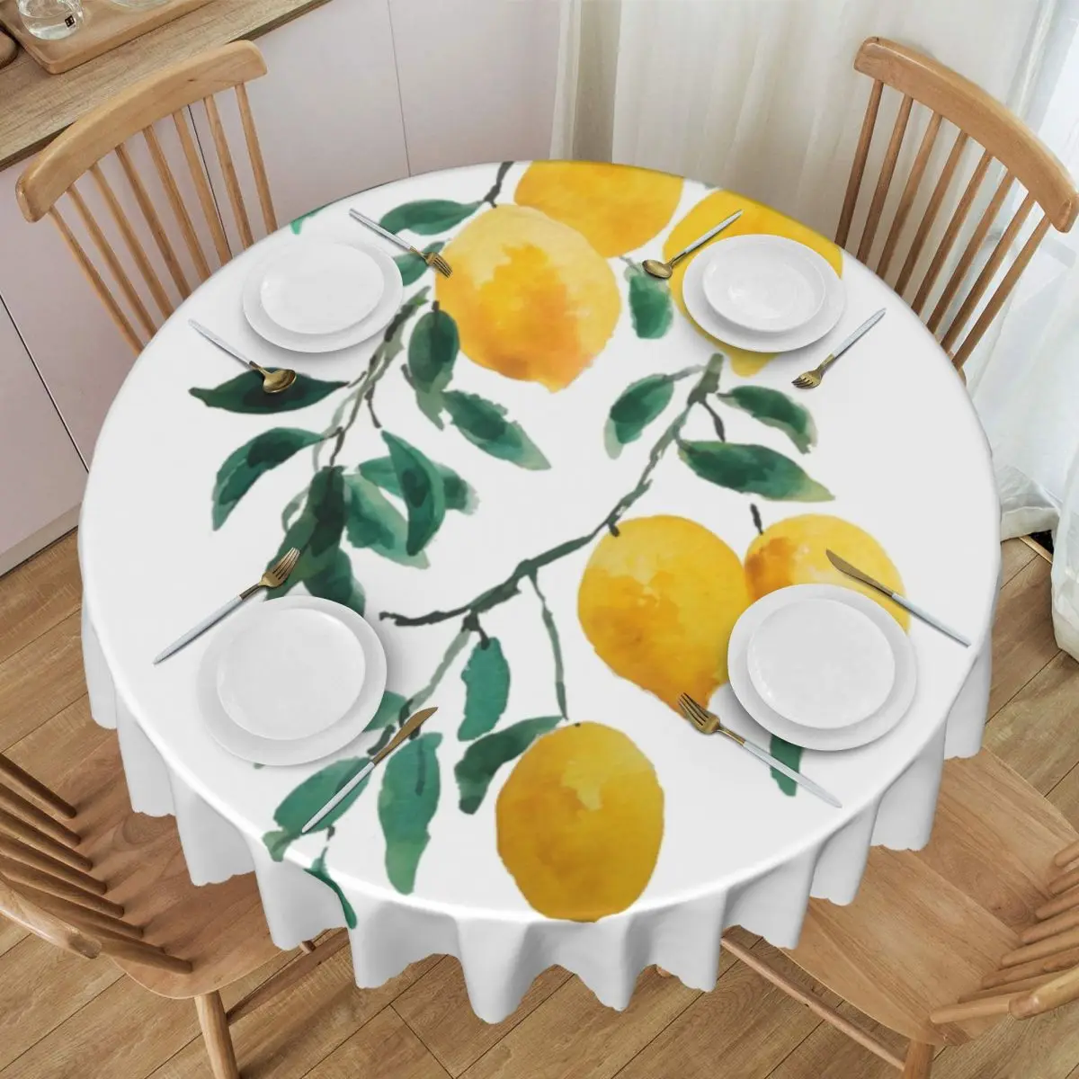 Custom Lemon Watercolor Tablecloth 60 inch Kitchen Dinning Table Cloth Spillproof Summer Botanical Citrus Fruit Table Cover