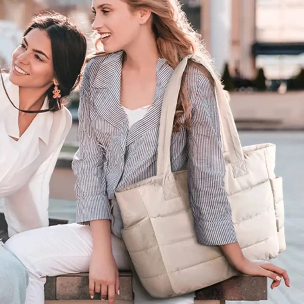 

Versatile Large Capacity Cotton Padded Tote Bag Lightweight Solid Color Puffy Laptop Bag Soft Simple Luggage Handbag Girls