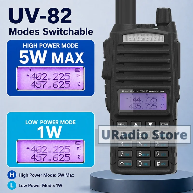 Baofeng UV-82 Walkie Talkie 5W High/Low Power Switchable FCC 144-148/420-450MHZ Dual PTT Display 128CH VOX For Outdoor Camping