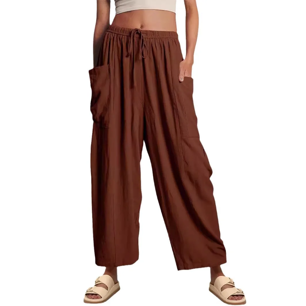 2025 Women's Spring and Summer Elastic Waist Pleated High Waist Wide Leg Pants Loose Casual Cotton and Linen Trousers