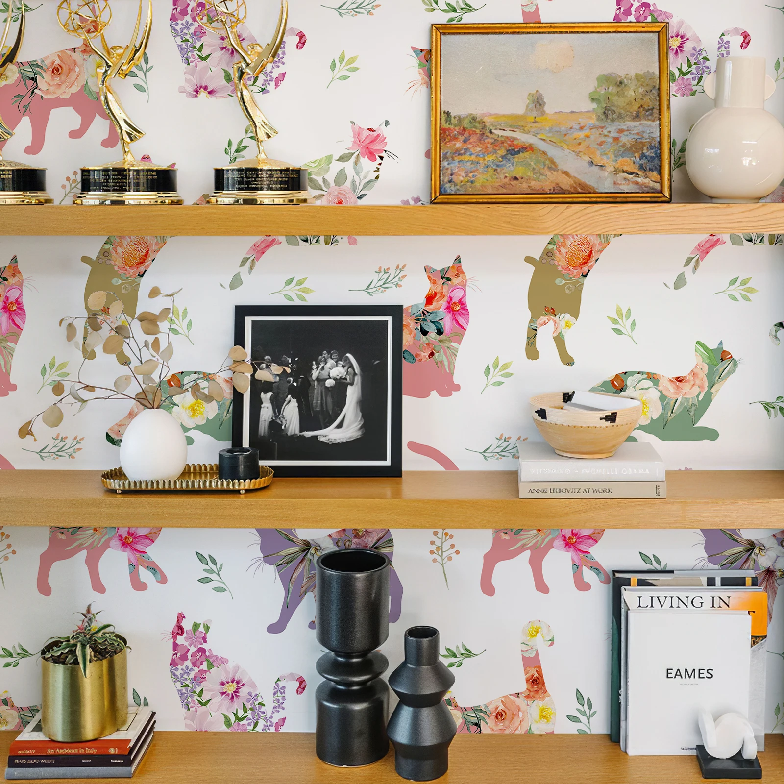 Cute Pink Cat Floral Wallpaper Chic Peel And Stick Cartoon Wall Decoration Elegant Self Adhesive Waterproof Cabinet Sticker