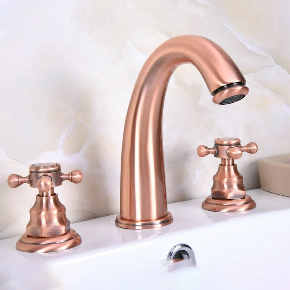 

Bathroom Basin Faucet Antique Red Copper Bathroom Basin Mixer Tap Double Handles 3 pcs Bathroom Basin Faucet Nrg064