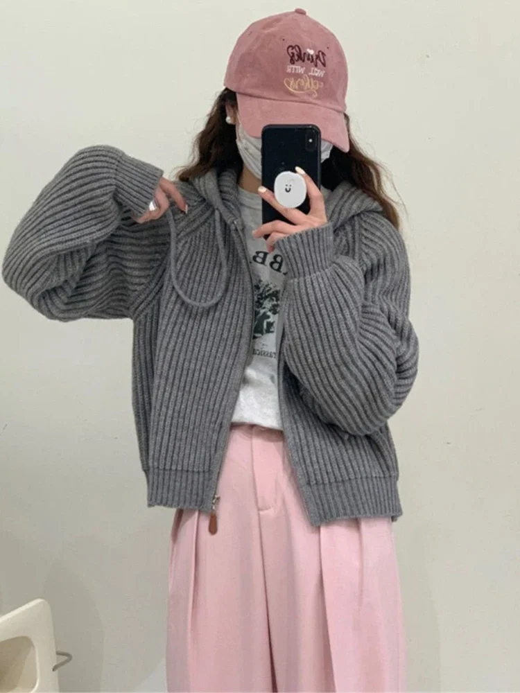 Hooded Cardigan Women Solid Simple Graceful All-match Daily Leisure Basics Personality Young Korean Style Vintage Attractive Ins