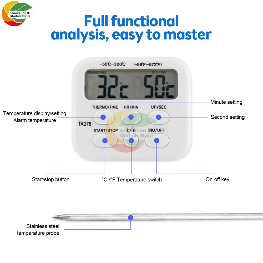 Programmable with Timer Instant Read Wired Probe Digital Meat Food Grill BBQ Cooking Kitchen Thermometer Timer