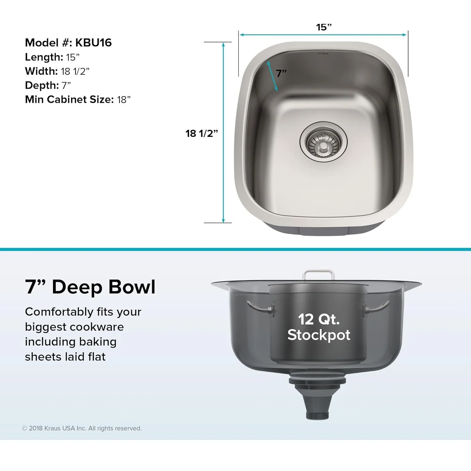 Fregadero de cocina de acero inoxidable de calibre 18, cuenco individual bajo montaje de 15 pulgadas