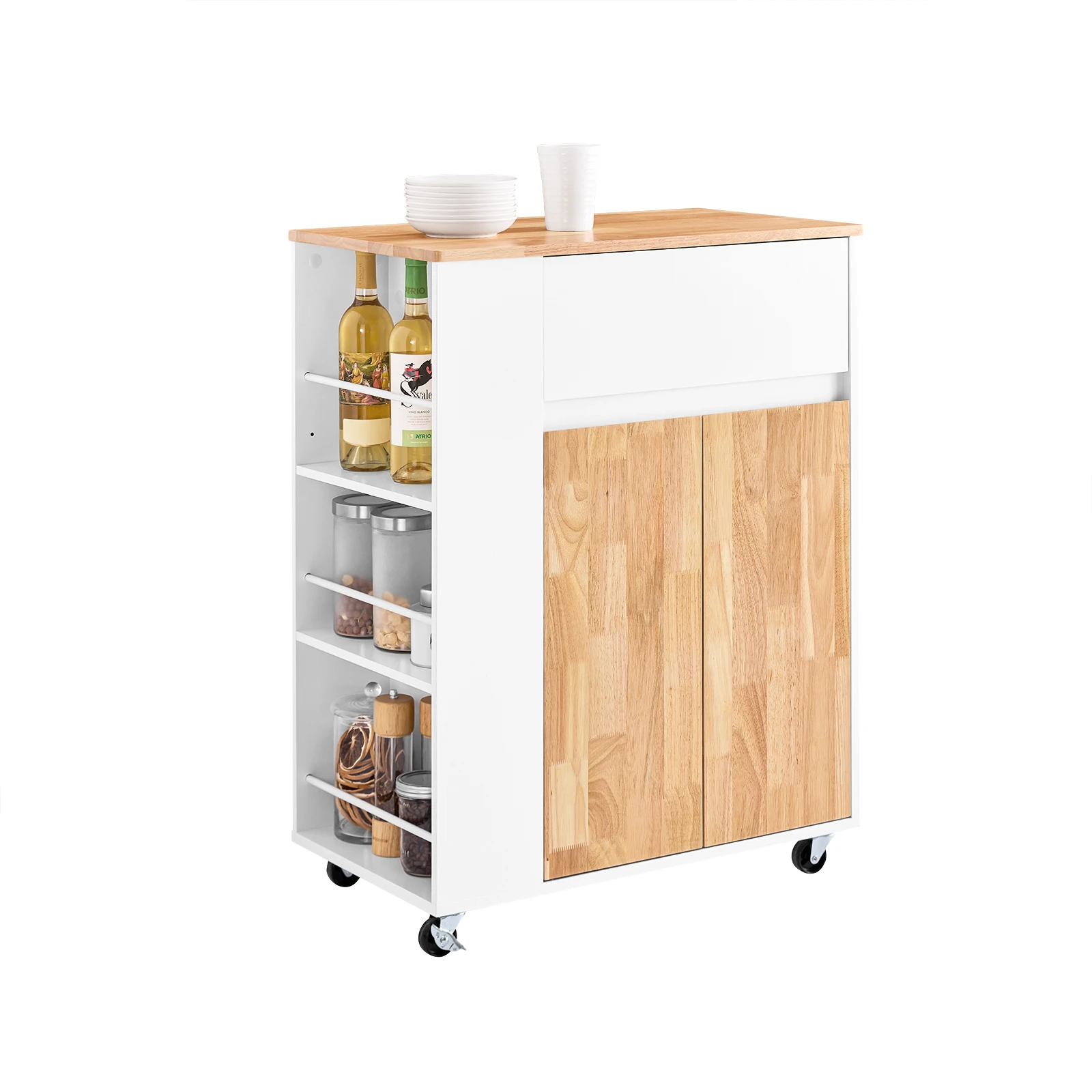 SoBuy FKW132-WN Carro de servicio con ruedas Carro de cocina con plato de trabajo de árbol de goma, Carro de ruedas Carro de cocina B70 X H90 X T40 cm Blanco