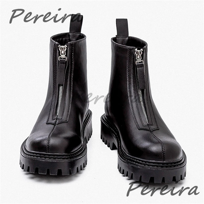 Men's Round Toe Thick Soled Motorcycle Boots Retro Black Leather Front Zipper Short Boots Autumn Winter British High Top Shoes