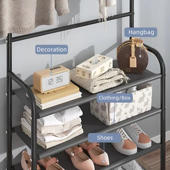 Shoe Rack Coat Rack Strand Simple Metal Storage Rack with Hooks Multipurpose Coat Hanger and Shoe Shelf  for Entryway Home 5