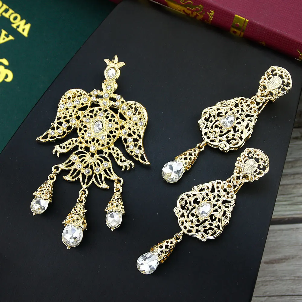 Sunspicems Unique Morocco Totem Brooch Bride Jewelry Sets For Women Gold Color Arabic Caftan Hijab Brooch Pins Long Drop Earring