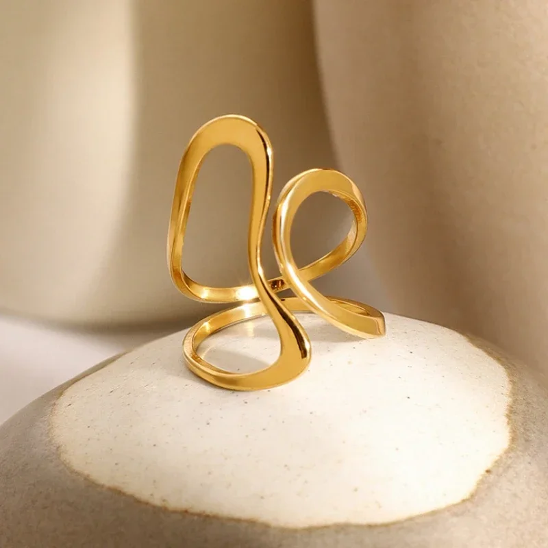 حلقة مفتوحة لامعة من الفولاذ المقاوم للصدأ على شكل خاص ، حلقة هندسية بلون ذهبي بسيط #2