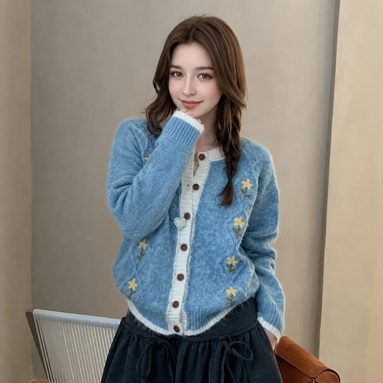 Sweet Blue Knit Cardigan Women White Contrast Trim Floral Embroidery O-neck Long Sleeve Cute Korean Autumn Warm Sweater Coat
