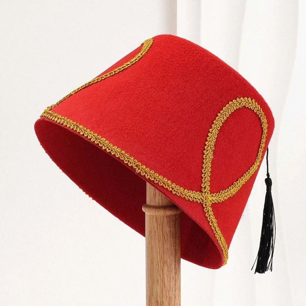Black Tassel Turkish Fez Hat Gold Leaf Decor Gold Braid Edge Morocco Cap Lightweight Stiff Structure Felt Party Hats