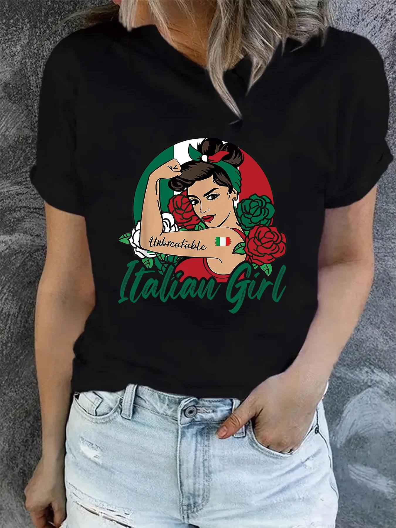 creative design Italian girl rose  women's T-shirt top summer round neck short sleeved fashionable graphic t shirt