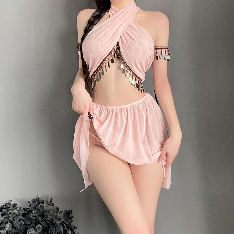 Hot Erotic Lace Gauze Nightgown Women Sexy Lingerie Strapless Open Chest Sleepwear Soft Pajama Dress Nightdress Exotic Apparel