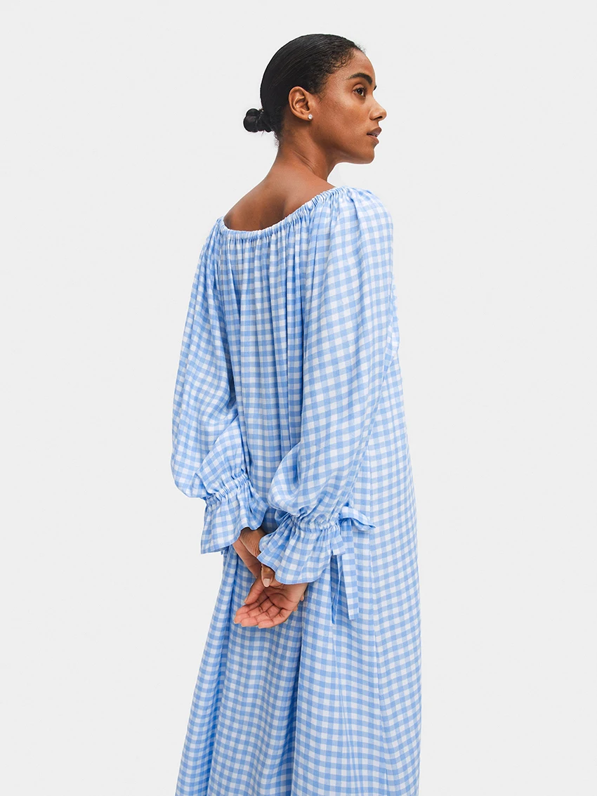 Marthaqiqi Plaid Casual Female Sleepwear Sexy O-Neck Pajamas Long Sleeve Nightgowns Floor-Length Dress Loose Home Clothes Women