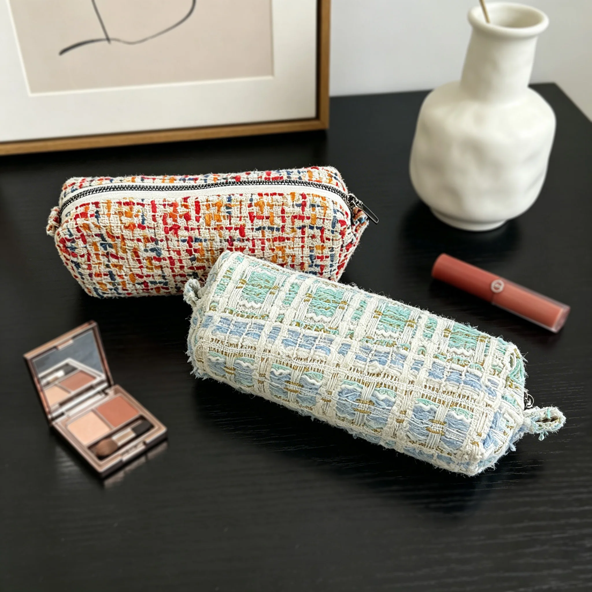 BUYLEMO Retro Plaid Tweed Cotton Storage Pouch, Luxury Portable Cylindrical Makeup Cosmetic Bag
