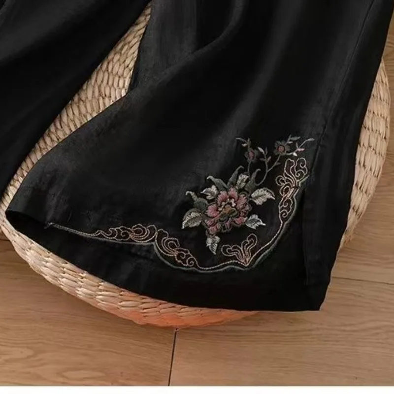 High End Chinese Style Retro Embroidery Cotton Linen Wide Women\'s 2024 Summer Patchwork High Waist Pocket Slimming Casual Pants