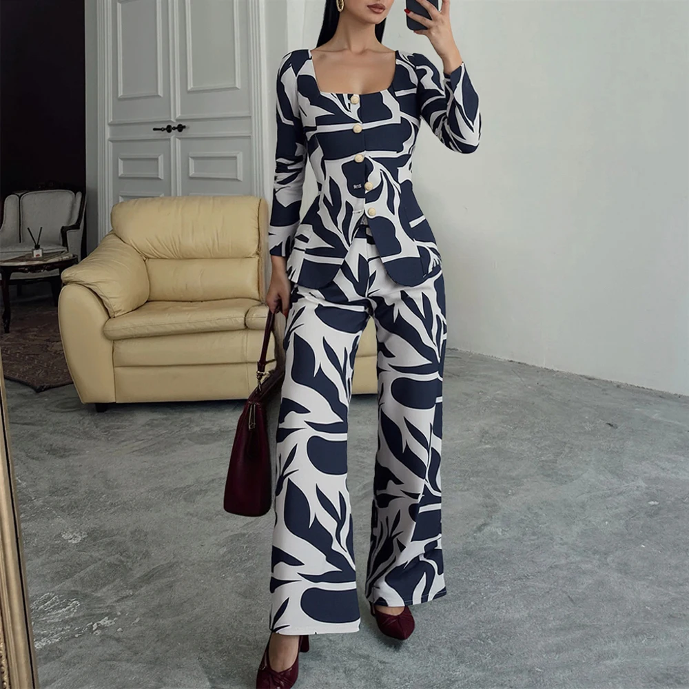 

Mia Muse Autumn Sets 2025 Women's Full Print Elegant Long Sleeve Square Neck Button Office Lady Straight Pants Sets