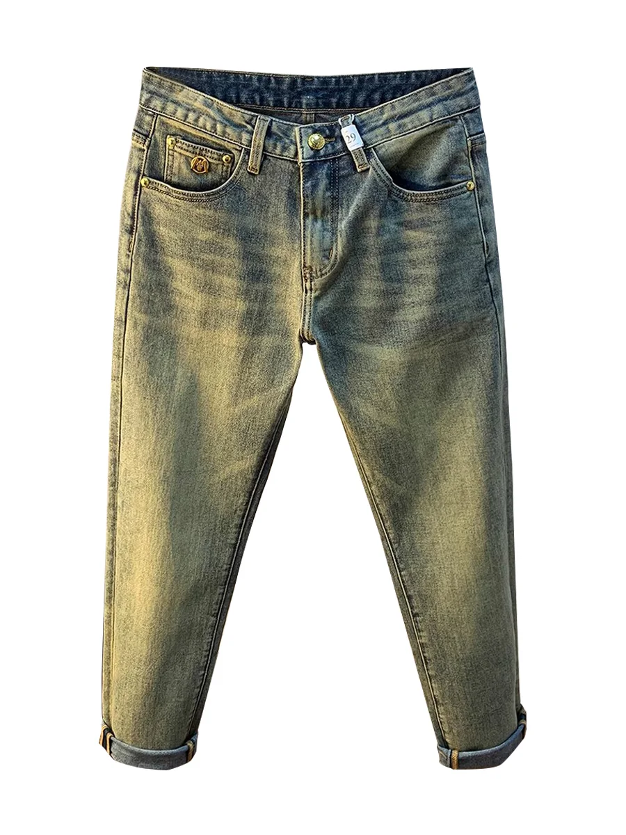 

MUSONMU American Retro Waed Mud Dye Men's Casual Long Jeans Cone Slim Fit Small Foot Pants Faion Urban Cotton Elastic