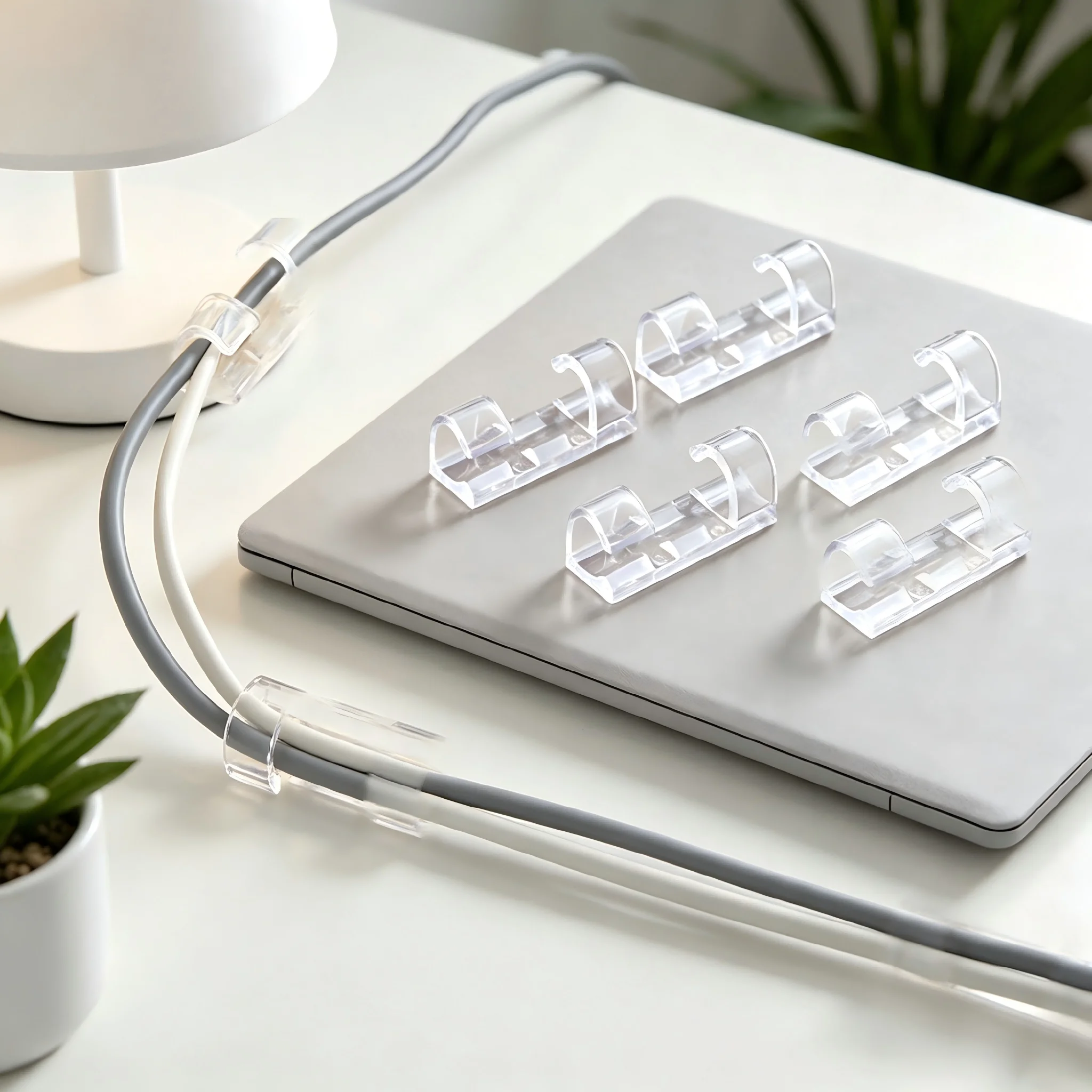 20Pcs L Size Clear Adhesive Cable Clips Punch Free Self Adhesive Desk Wire Organizer No Drill Cable Management Holders for Home Office Car