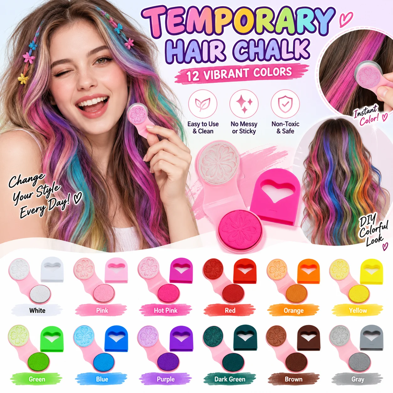 Peineta con tiza temporal para el cabello, polvo de color para el cabello lavable, fácil de aplicar, se limpia rápidamente, tinte para el cabello, ideal para Halloween, Navidad, fiestas de disfraces y proyectos de bricolaje.