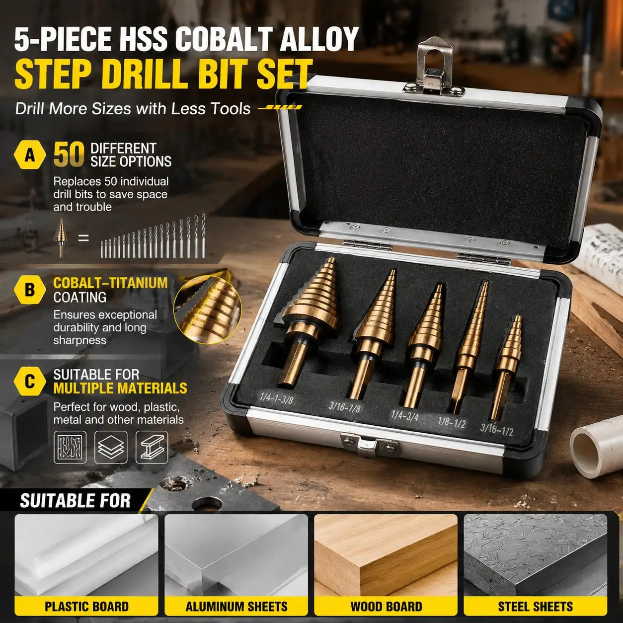 5Pcs Step Drill Bit Set HSS Cobalt 50 Sizes Conical Hole Cutter Titanium Coated Carbide Drill Bits Punch Tool for Stainless Steel Iron Sheet Metal Wood Plastic Aluminum Drilling Hardware Industrial Grade