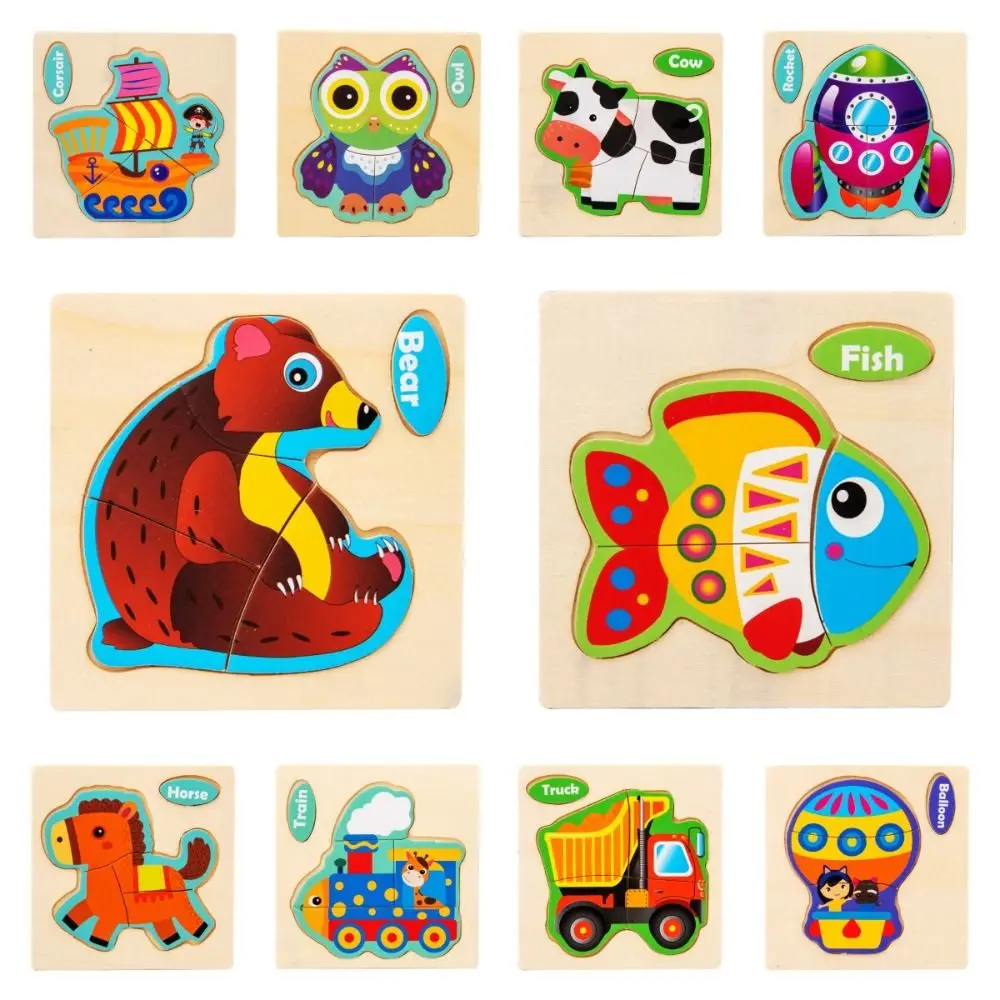 Wood 3D Animal Jigsaw Multiple-topic Puzzle Animal 3D Wooden Puzzle Learning Cognition Interactive Game Baby Montessori Toys