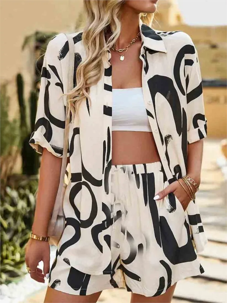 

Women Fashion Print Two Piece Sets 2024 Summer Loose Turn Down Collar Shirt Top + Shorts Suit Office Lady Casual Tracksuits Set