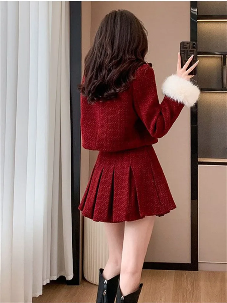 New Red Chic Two-Piece Set for Winter - Trendy Vintage-Inspired High-End Modern Chinese Style Dress Outfit  Suits High Quality