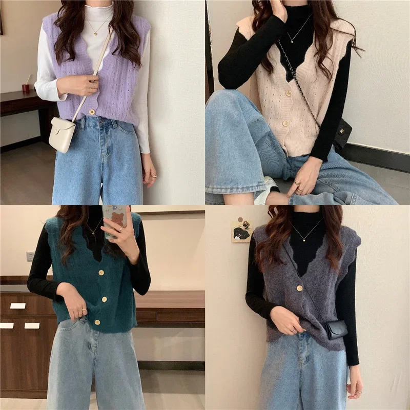 Gentle Solid Sweater Vests Women Candy Wave Single Breasted Classic Simple Knit V-neck Sweaters Cardigan Females Chic Sleeveless