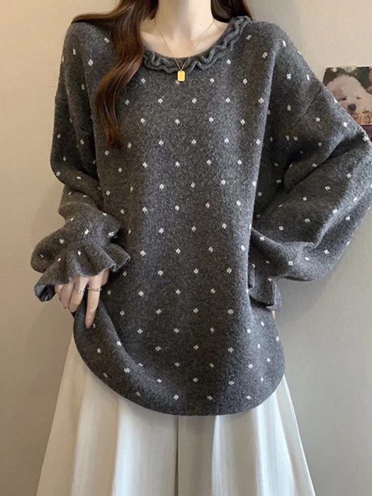 

Large Size Polka Dot Lace Knitwear Women's Winter New Lazy Sle Long Sve Ele Versatile Top Loose Fit Comfortable Knit...
