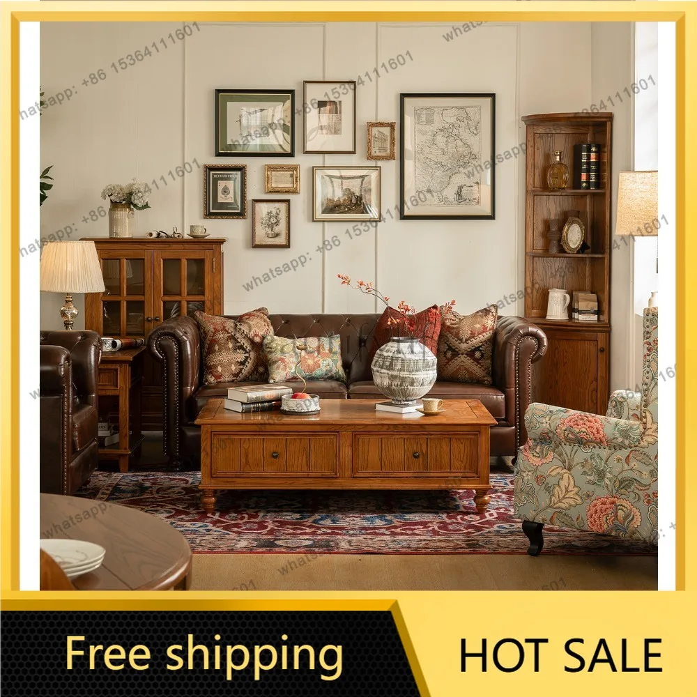 FG American solid wood coffee table retro simple drawer tea table storage furniture