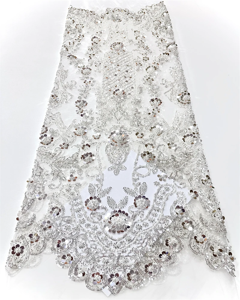 

African High-Quality Beaded Lace Fabric Tulle Mesh Sequins Wedding Party Dress Top Brand Beads Lace for Elegant Fashionable